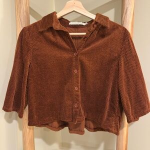 Brown 3/4 Sleeve Cropped Button Down Shirt